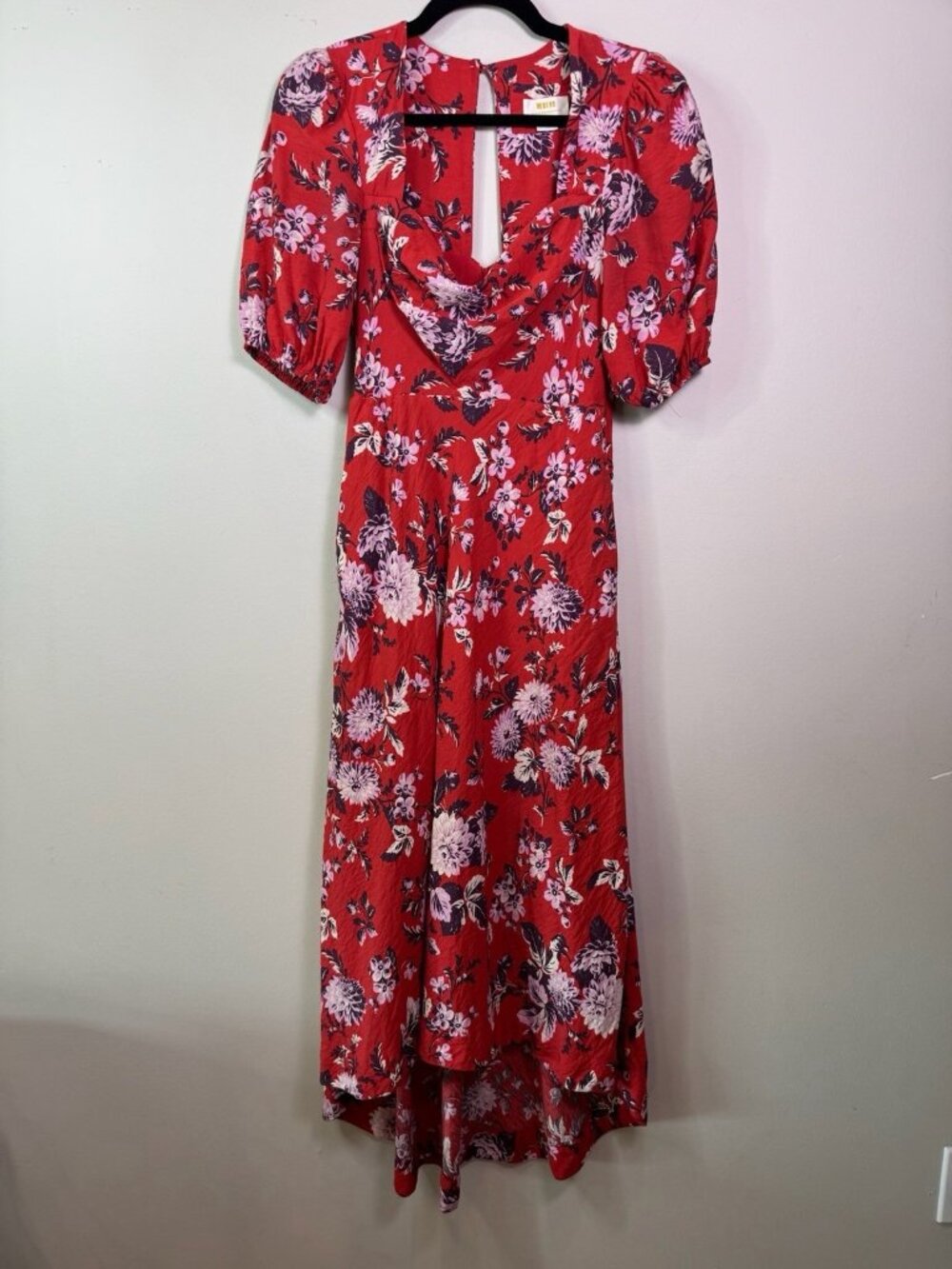 ANTHROPOLOGIE MAEVE Floral Red Puff Sleeve Midi Dress Size 2